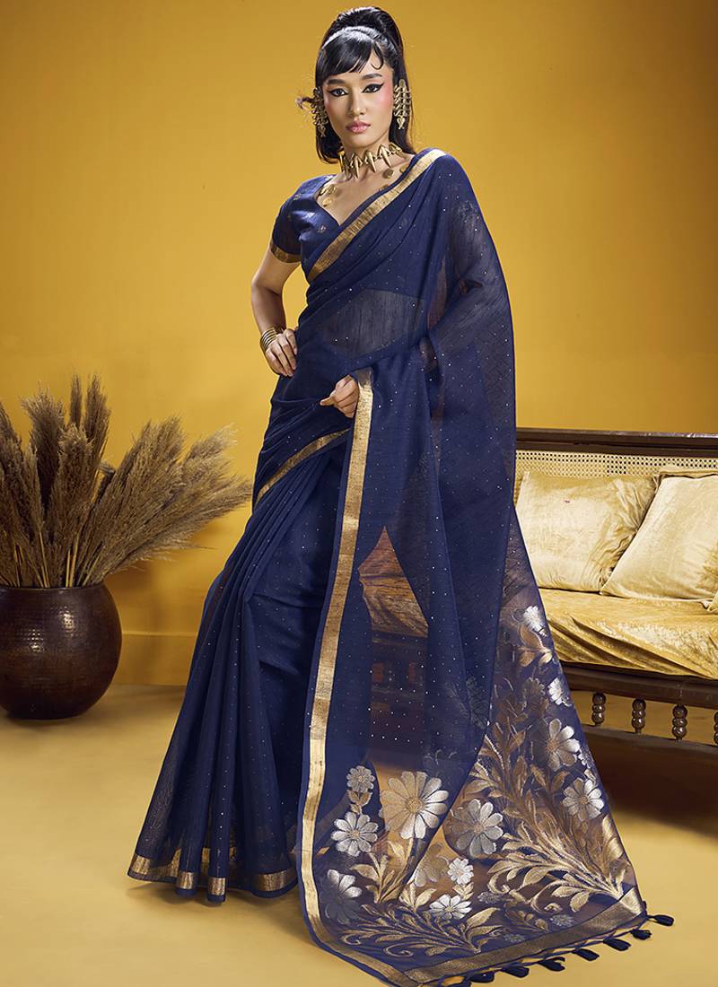 Handloom silk blend weaving navy blue saree