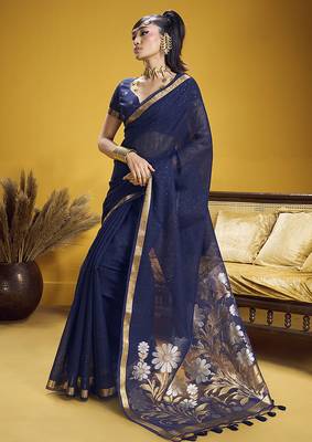 Handloom silk blend weaving navy blue saree 2