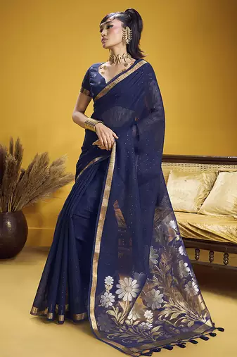 Handloom silk blend weaving navy blue saree