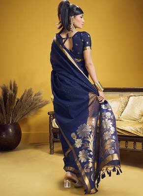 Handloom silk blend weaving navy blue saree 3
