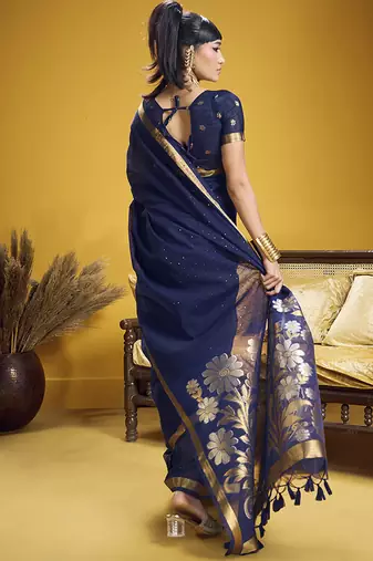 Handloom silk blend weaving navy blue saree