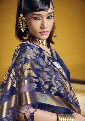 Handloom silk blend weaving navy blue saree 4
