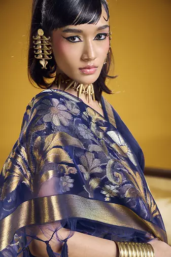Handloom silk blend weaving navy blue saree