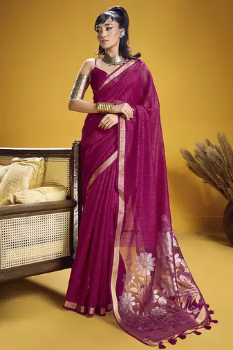 Handloom silk blend weaving rani pink saree