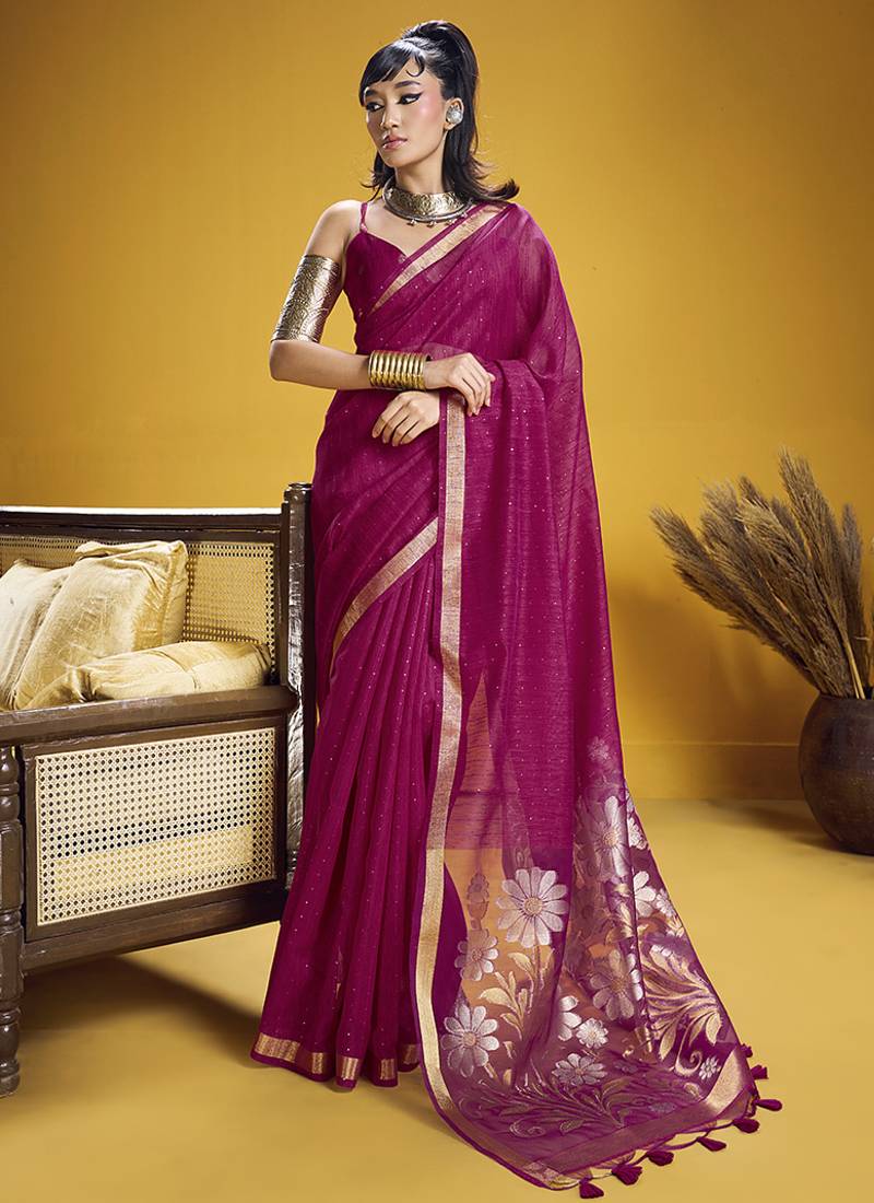 Handloom silk blend weaving rani pink saree