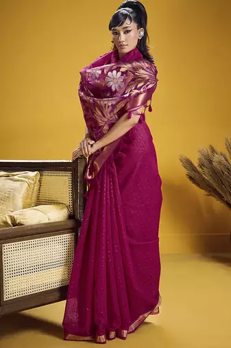 Handloom silk blend weaving rani pink saree