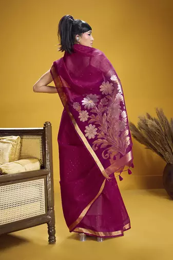 Handloom silk blend weaving rani pink saree