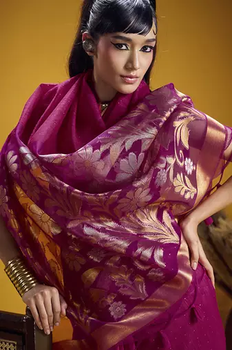 Handloom silk blend weaving rani pink saree