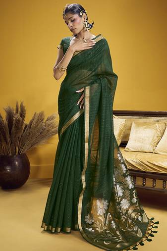 Handloom silk blend weaving dark green saree