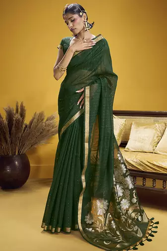 Handloom silk blend weaving dark green saree
