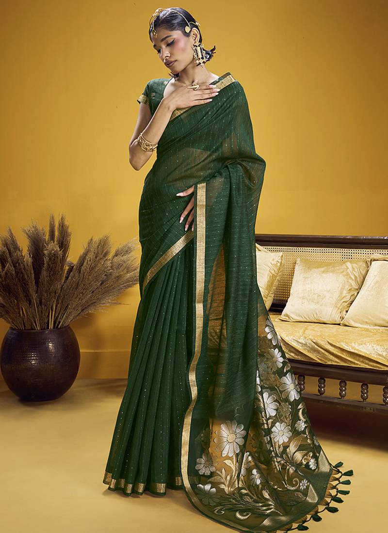 Handloom silk blend weaving dark green saree