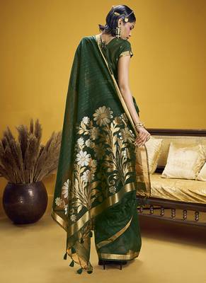 Handloom silk blend weaving dark green saree 2