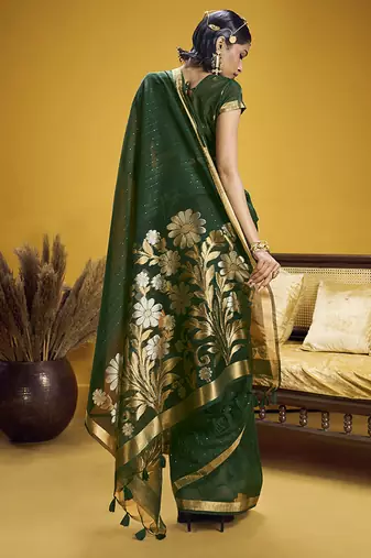 Handloom silk blend weaving dark green saree