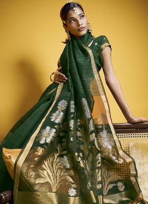 Handloom silk blend weaving dark green saree 3