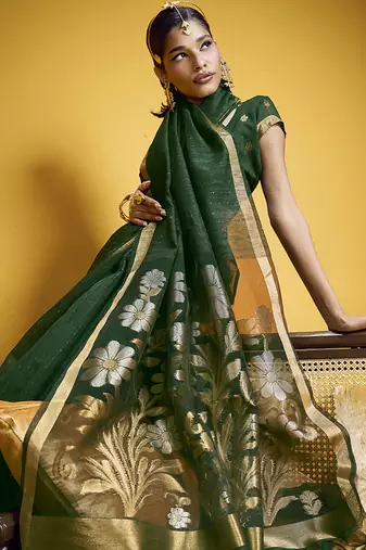 Handloom silk blend weaving dark green saree