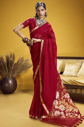 Handloom silk blend weaving red saree