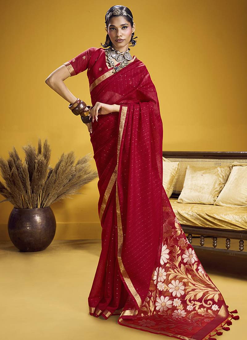 Handloom silk blend weaving red saree