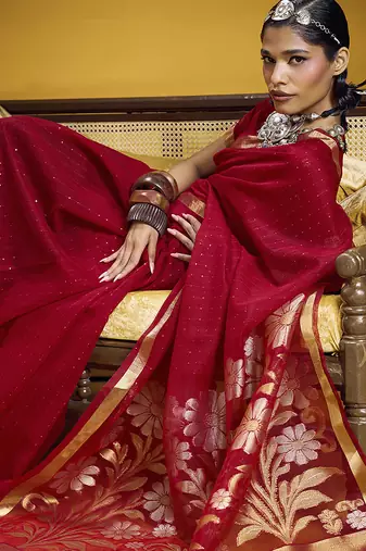 Handloom silk blend weaving red saree
