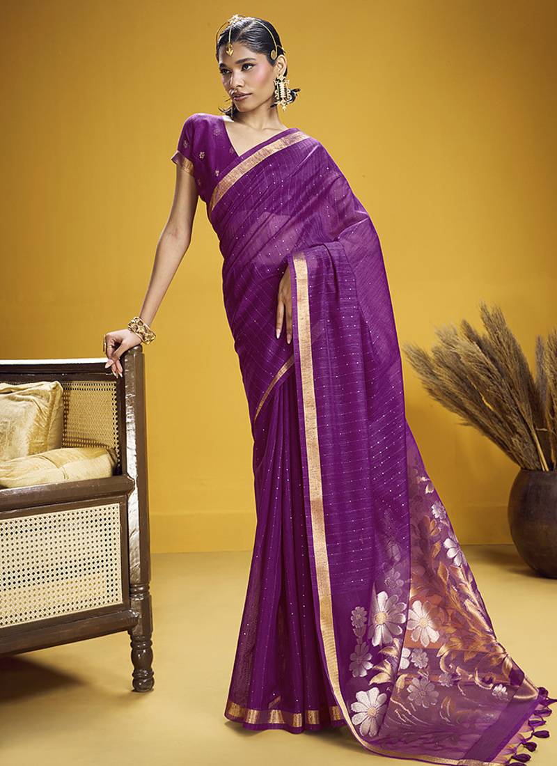 Handloom silk blend weaving purple saree
