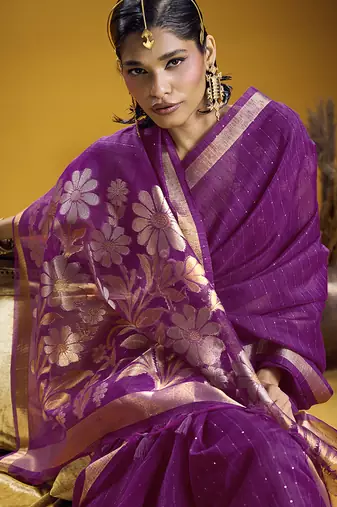 Handloom silk blend weaving purple saree