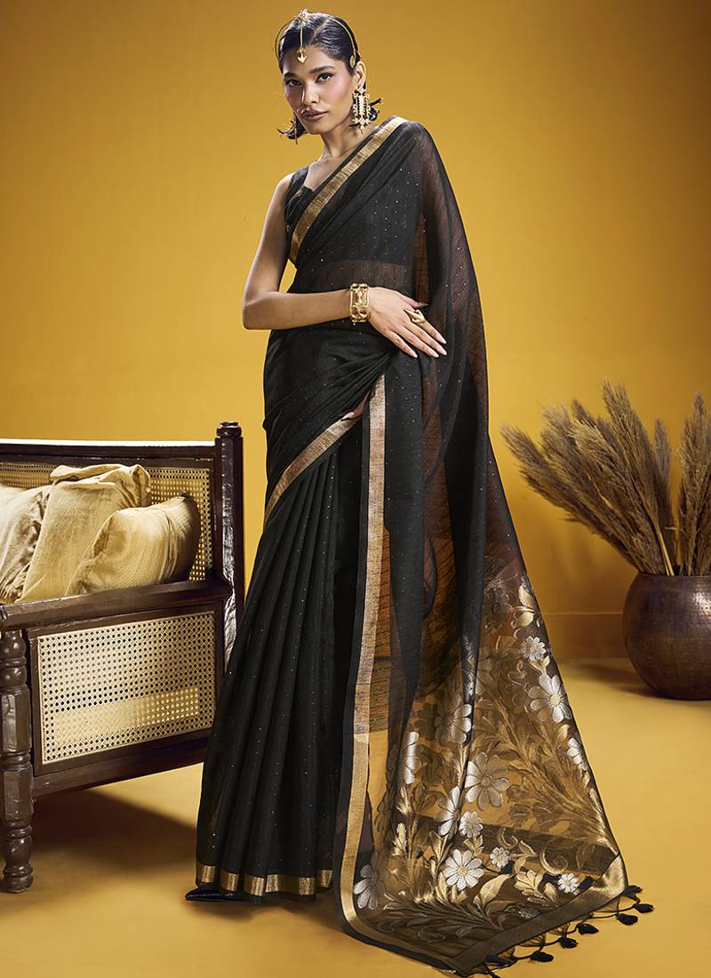 Handloom silk blend weaving black saree
