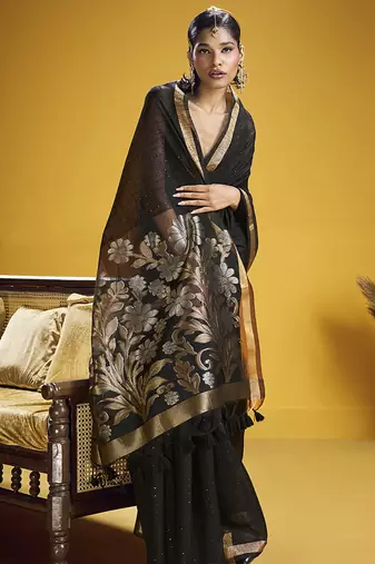Handloom silk blend weaving black saree