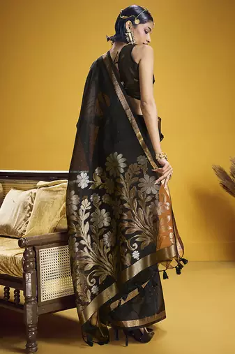 Handloom silk blend weaving black saree