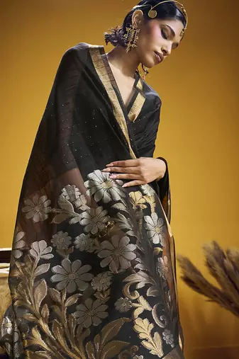 Handloom silk blend weaving black saree