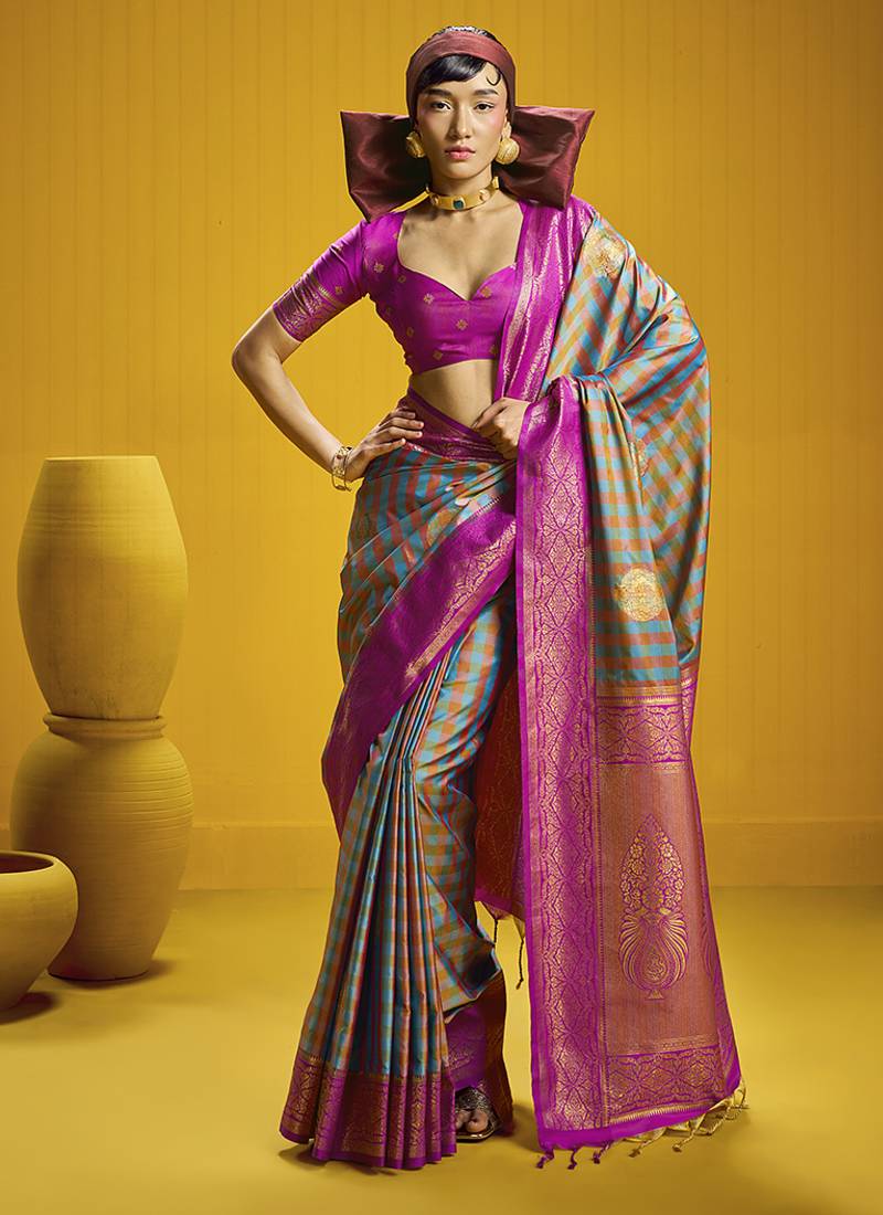 Handloom silk blend weaving saree in multi colour