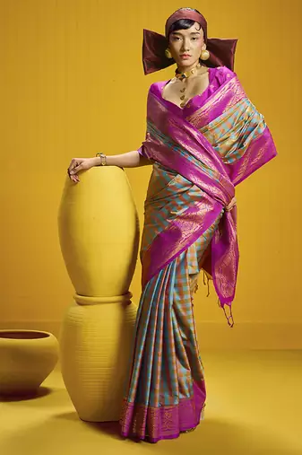 Handloom silk blend weaving saree in multi colour