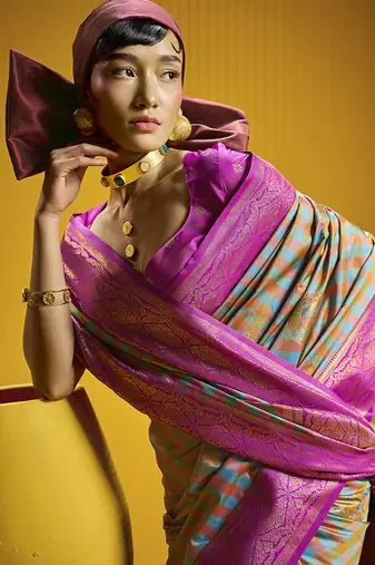 Handloom silk blend weaving saree in multi colour