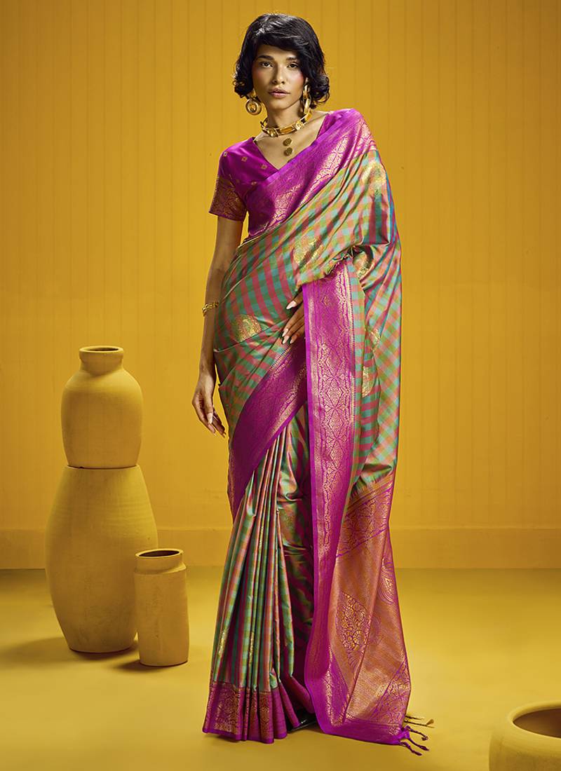 Handloom silk blend weaving saree in multi colour