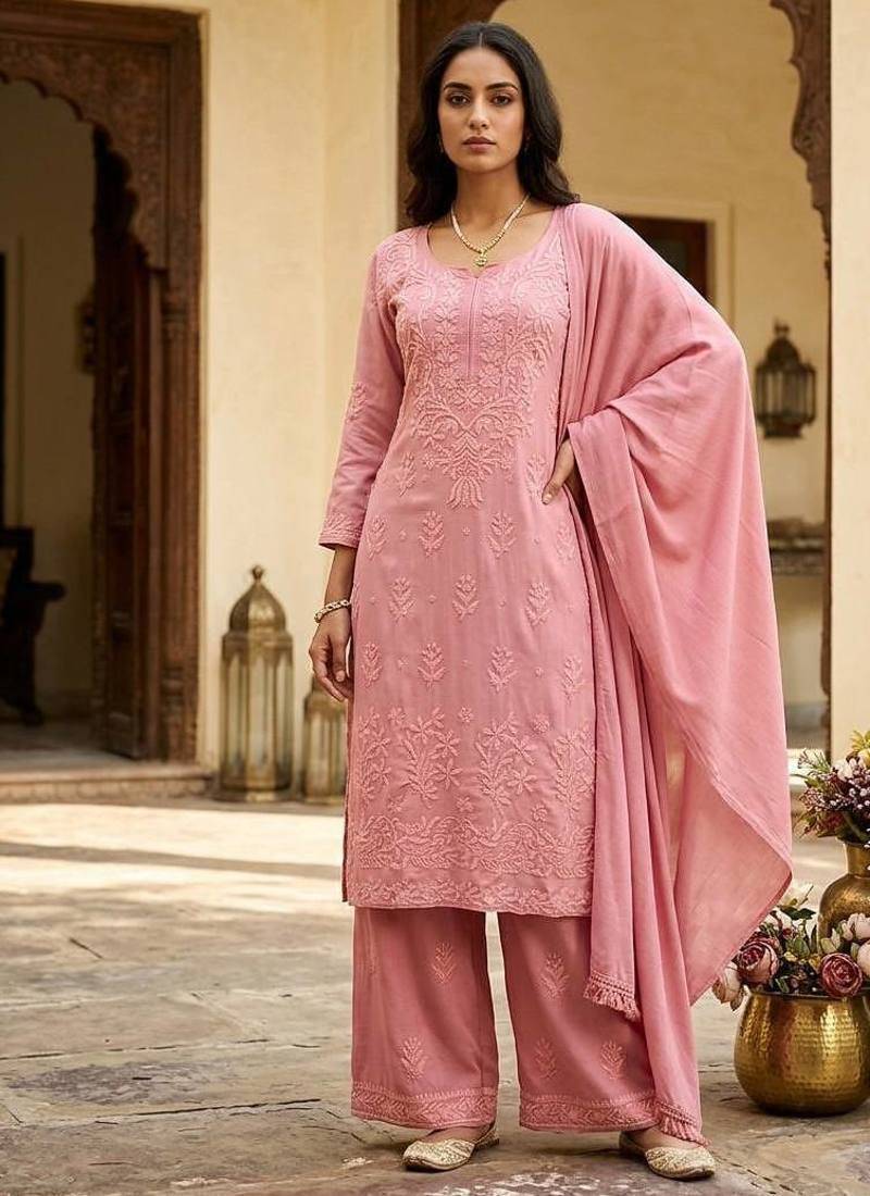 Pink Designer Daily Wear Kurti Palazzo Set With Dupatta
