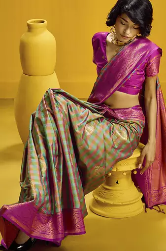 Handloom silk blend weaving saree in multi colour