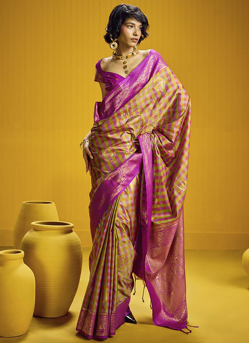 Handloom silk blend weaving saree in multi colour
