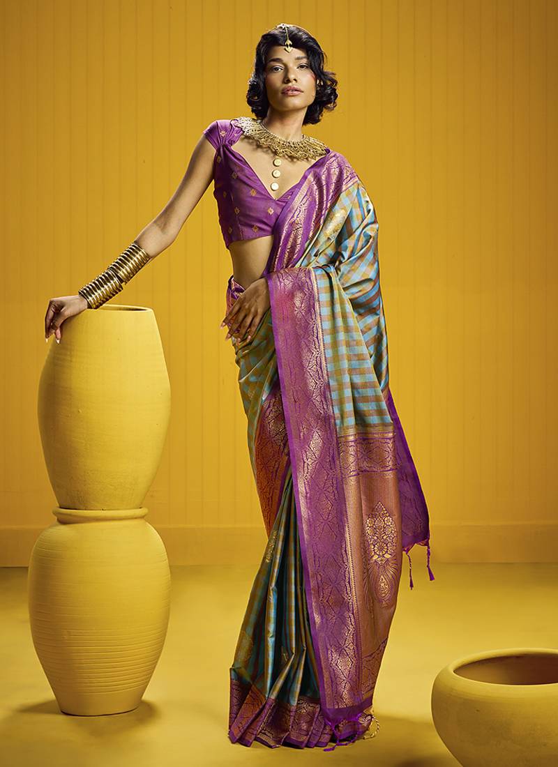 Handloom silk blend weaving saree in multi colour