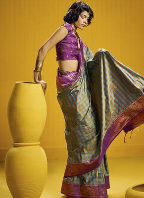 Handloom silk blend weaving saree in multi colour 2