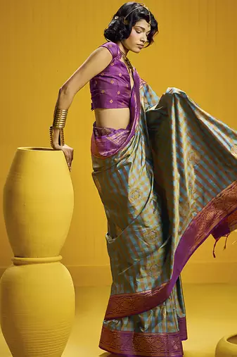 Handloom silk blend weaving saree in multi colour