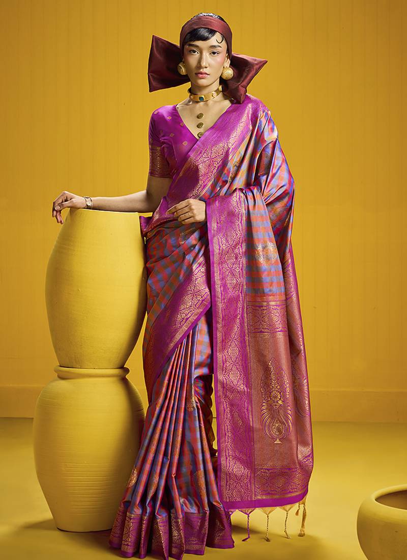 Handloom silk blend weaving saree in multi colour
