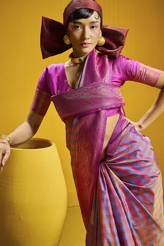 Handloom silk blend weaving saree in multi colour