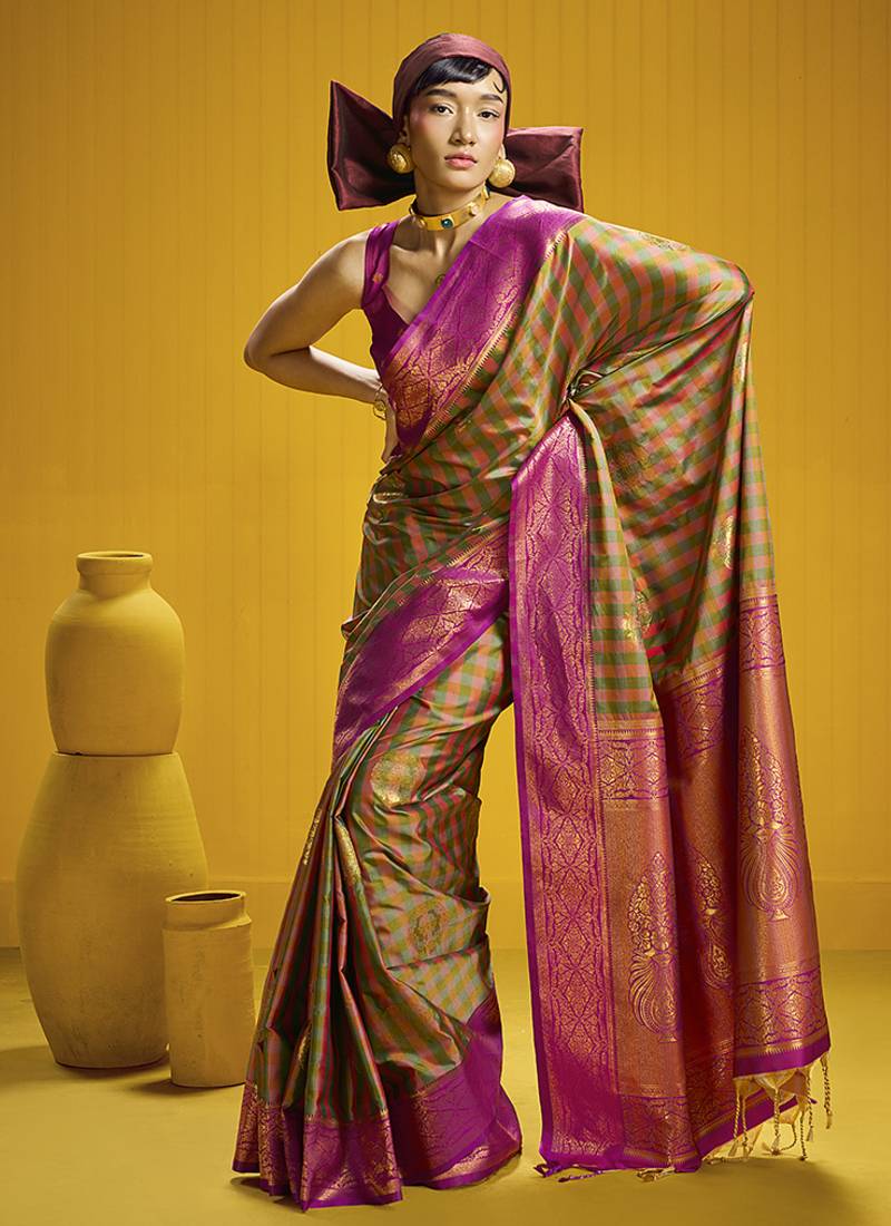 Handloom silk blend weaving saree in multi colour