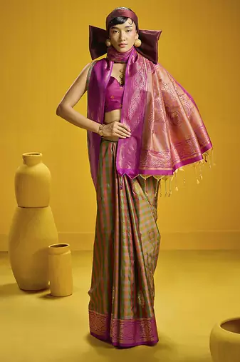 Handloom silk blend weaving saree in multi colour