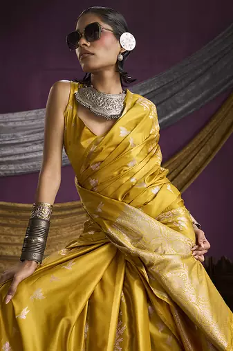 Mustard handloom silk blend weaving saree