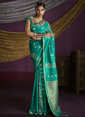 Turquoise handloom silk blend weaving saree 1