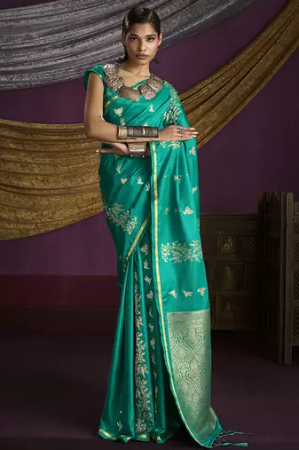 Turquoise handloom silk blend weaving saree
