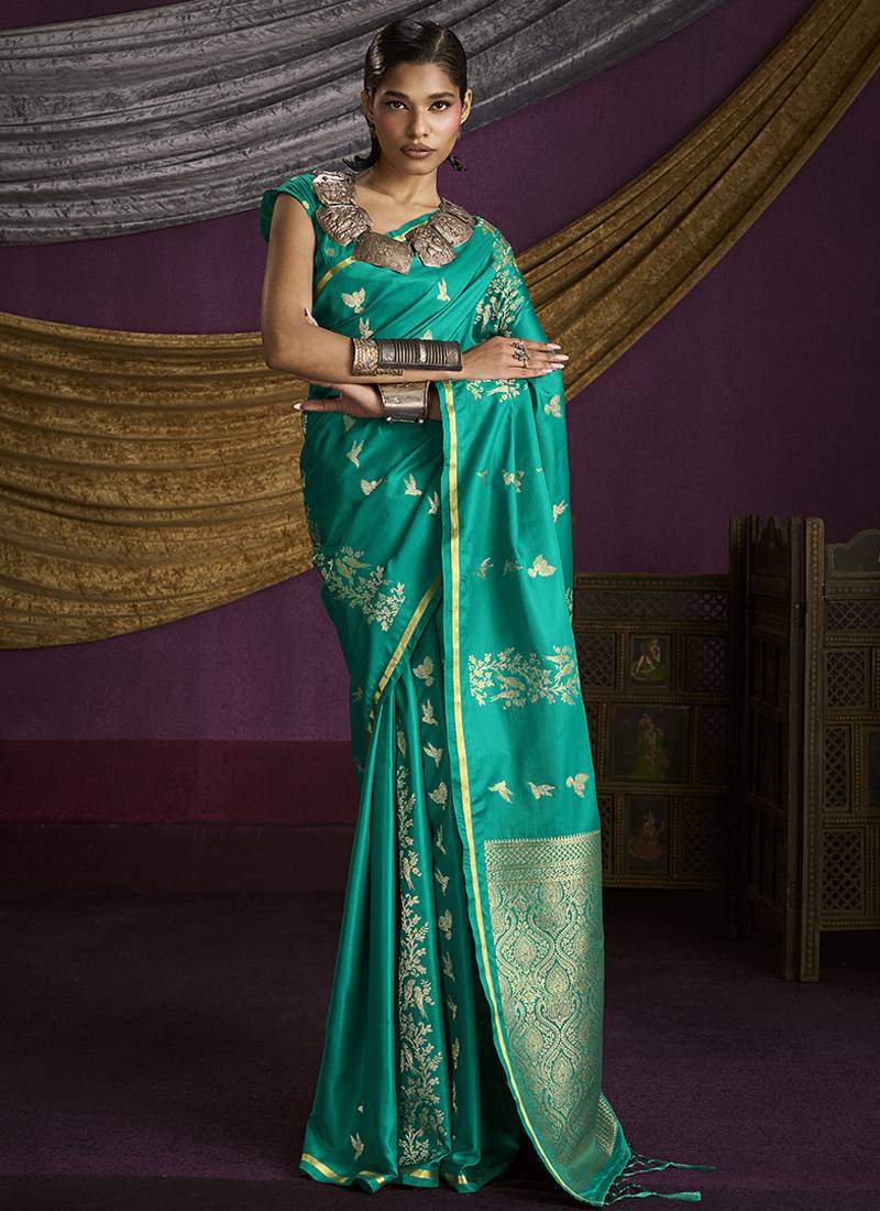 Turquoise handloom silk blend weaving saree