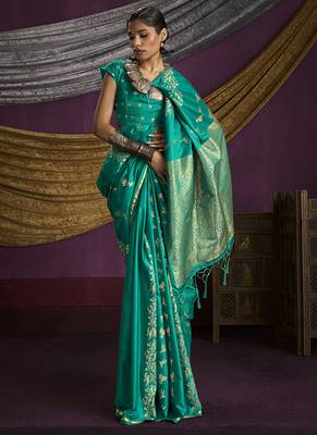 Turquoise handloom silk blend weaving saree 2