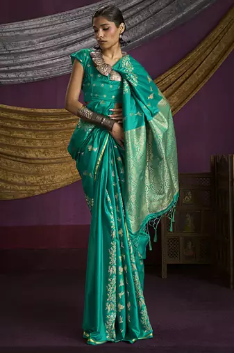 Turquoise handloom silk blend weaving saree