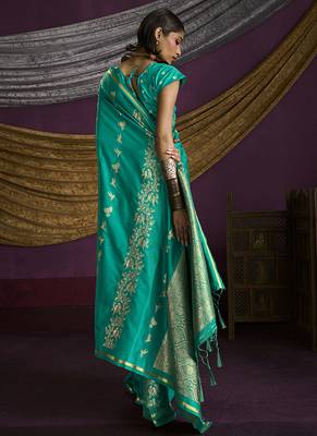 Turquoise handloom silk blend weaving saree 3
