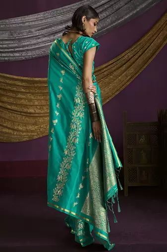 Turquoise handloom silk blend weaving saree